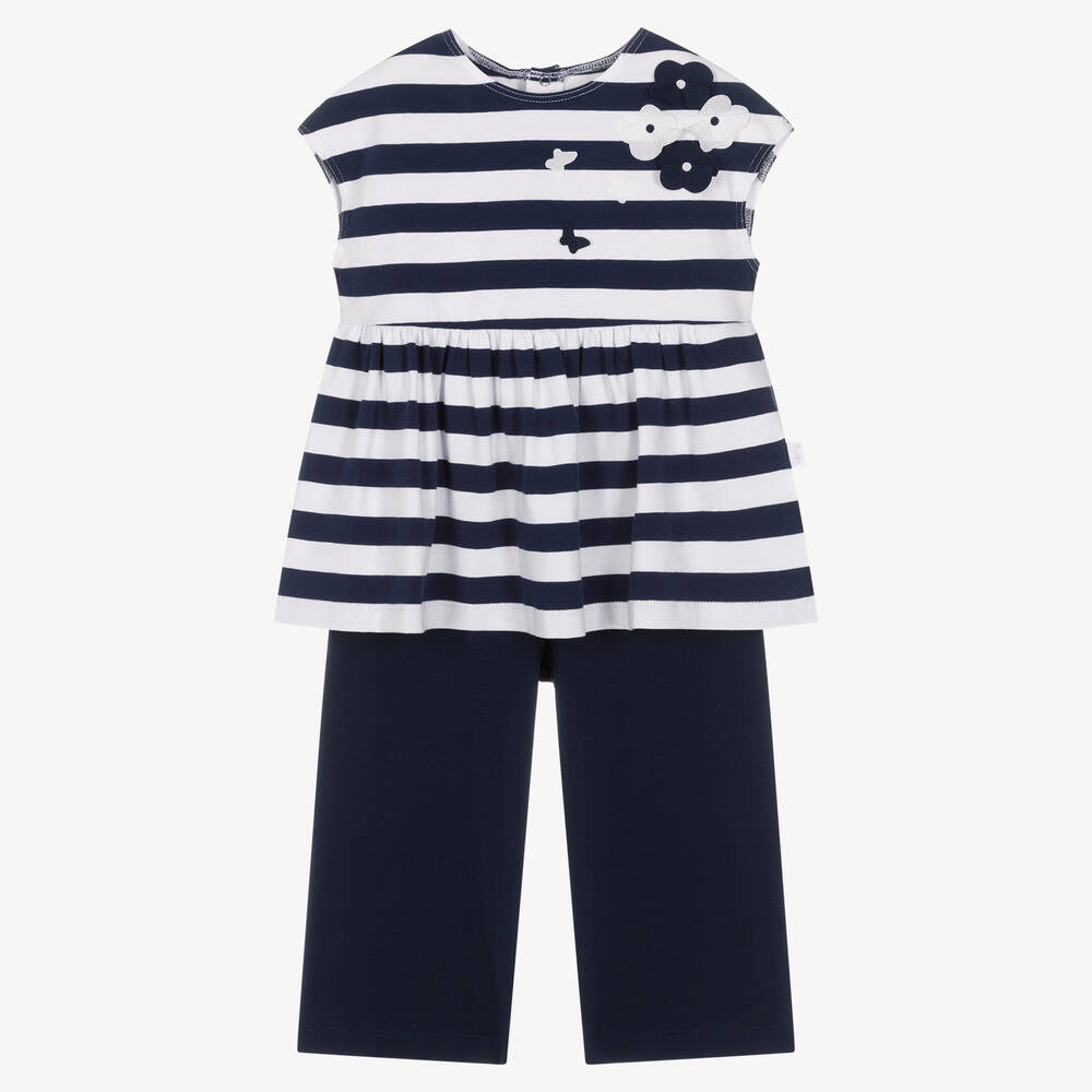 Il Gufo-Girls Blue & White Stripe Cotton Trouser Set | Childrensalon Outlet