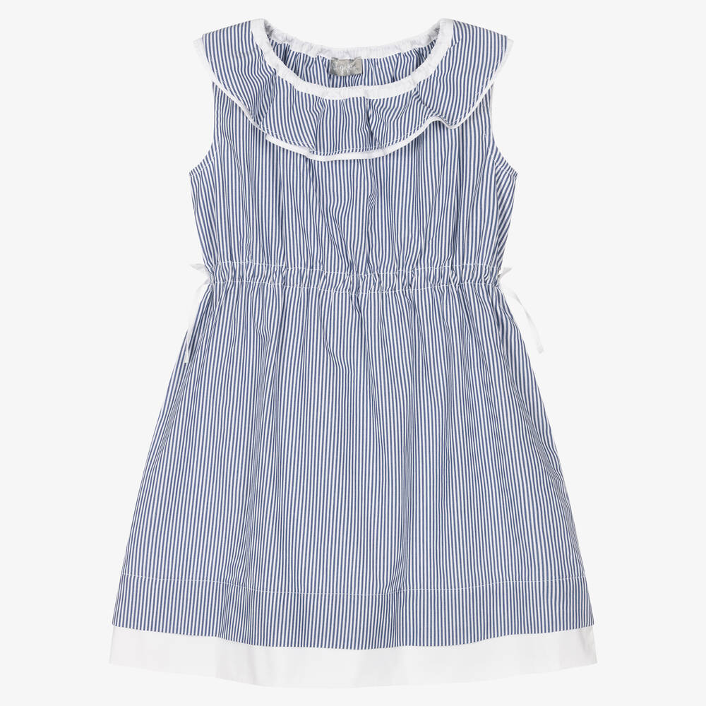 Il Gufo - فستان قطن مقلم لون أزرق وأبيض | Childrensalon