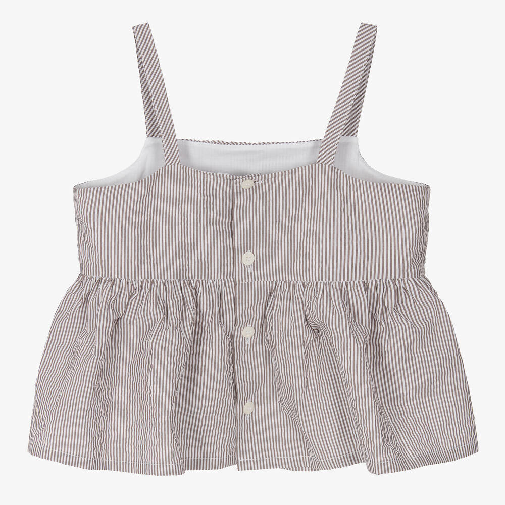 Il Gufo-بلوزة قطن مقلم لون بني وأبيض للبنات | Childrensalon Outlet