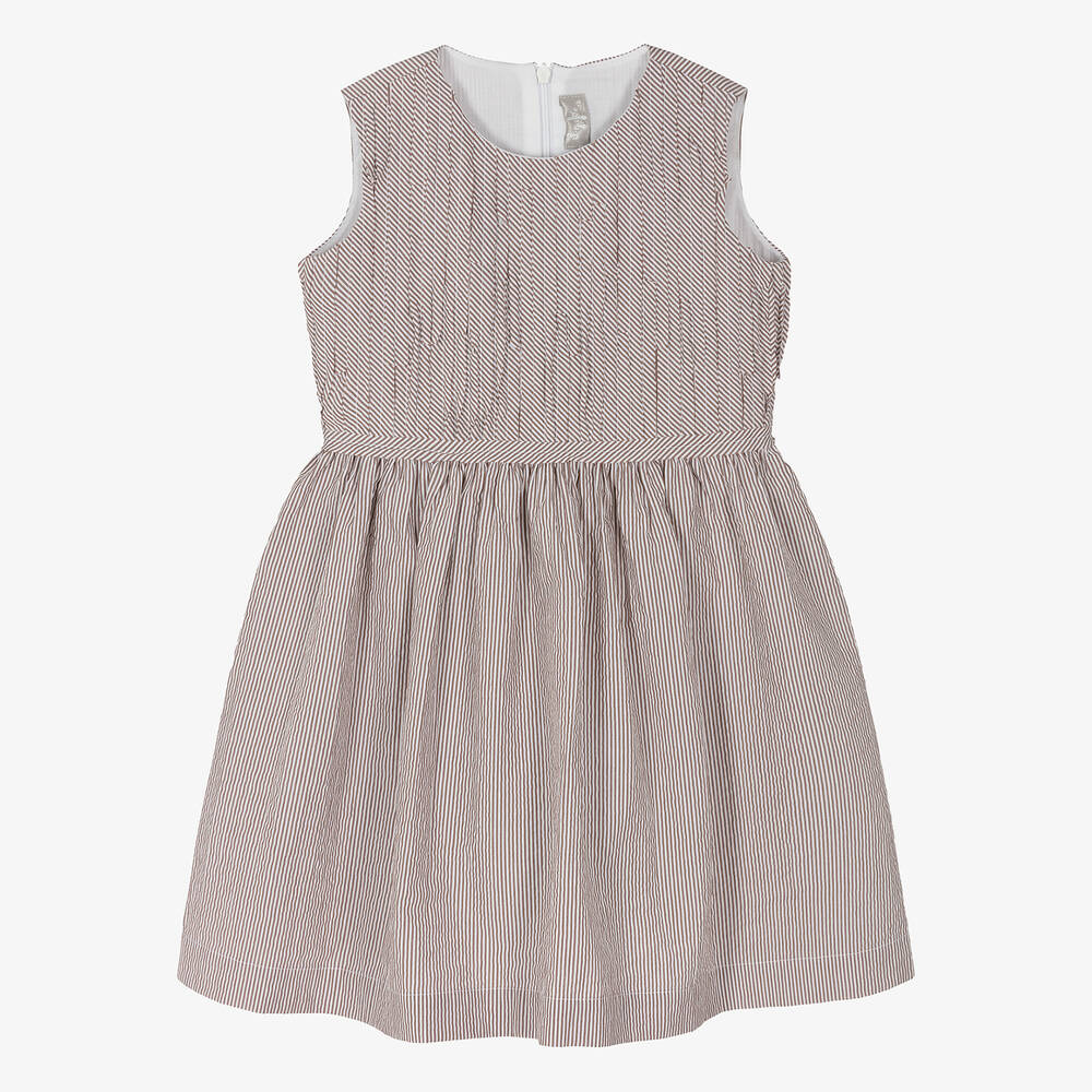 Il Gufo-Girls Brown Striped Cotton Dress | Childrensalon Outlet