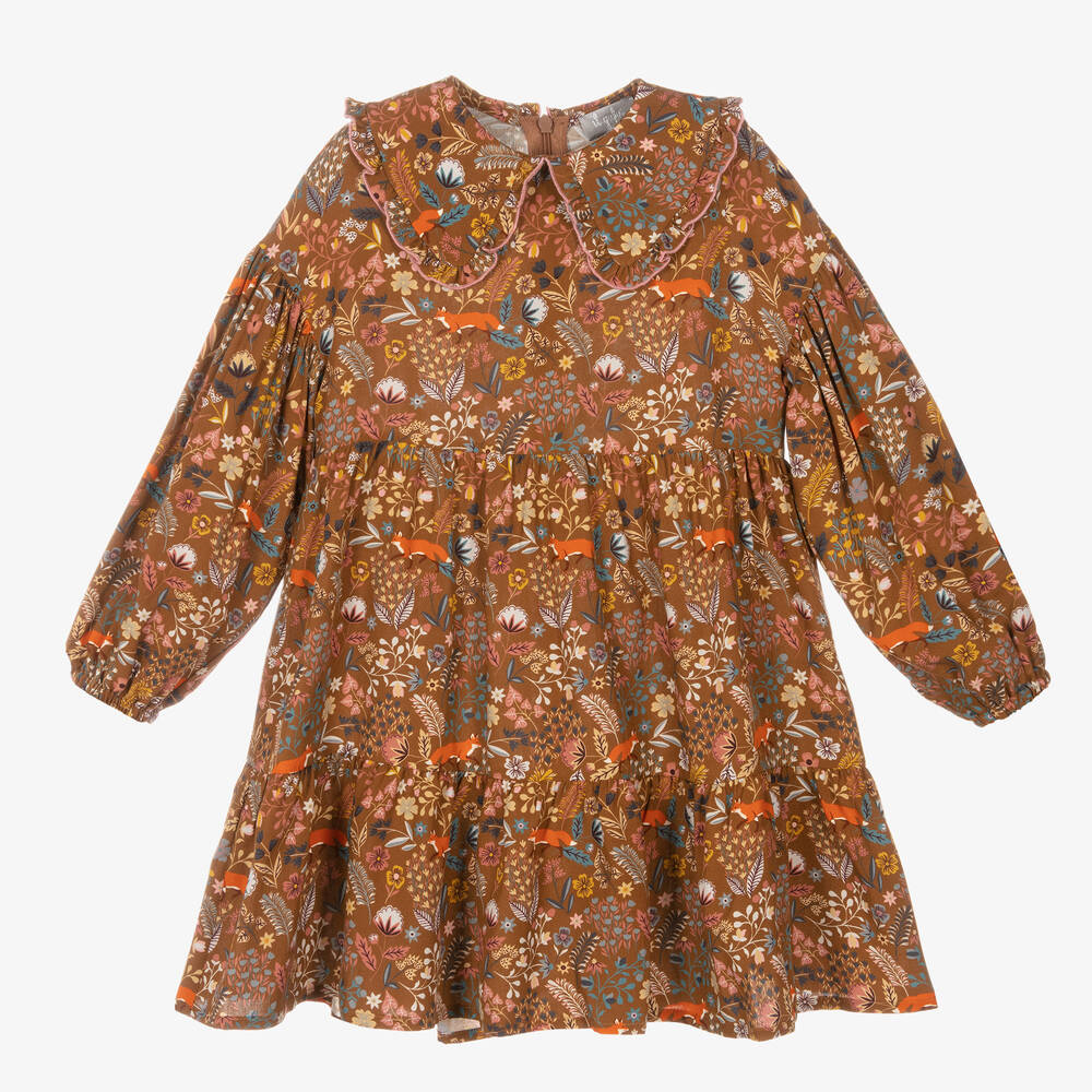 Il Gufo - Braunes Kleid mit Wald-Print (M) | Childrensalon