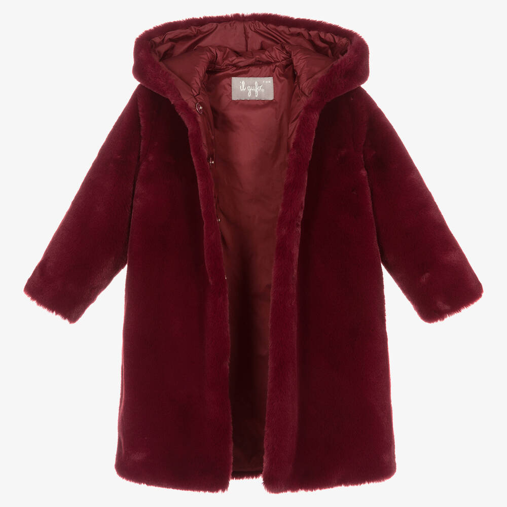 Il Gufo Girls Burgundy Red Faux Fur Coat Childrensalon Outlet