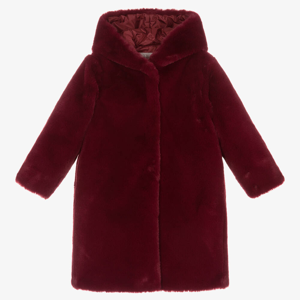 Il Gufo - Girls Burgundy Red Faux Fur Coat | Childrensalon