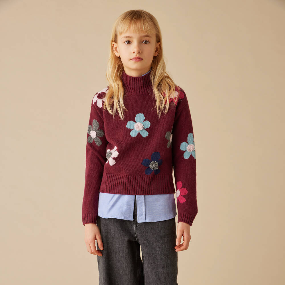 Il Gufo-Girls Burgundy Wool Floral Jumper | Childrensalon Outlet