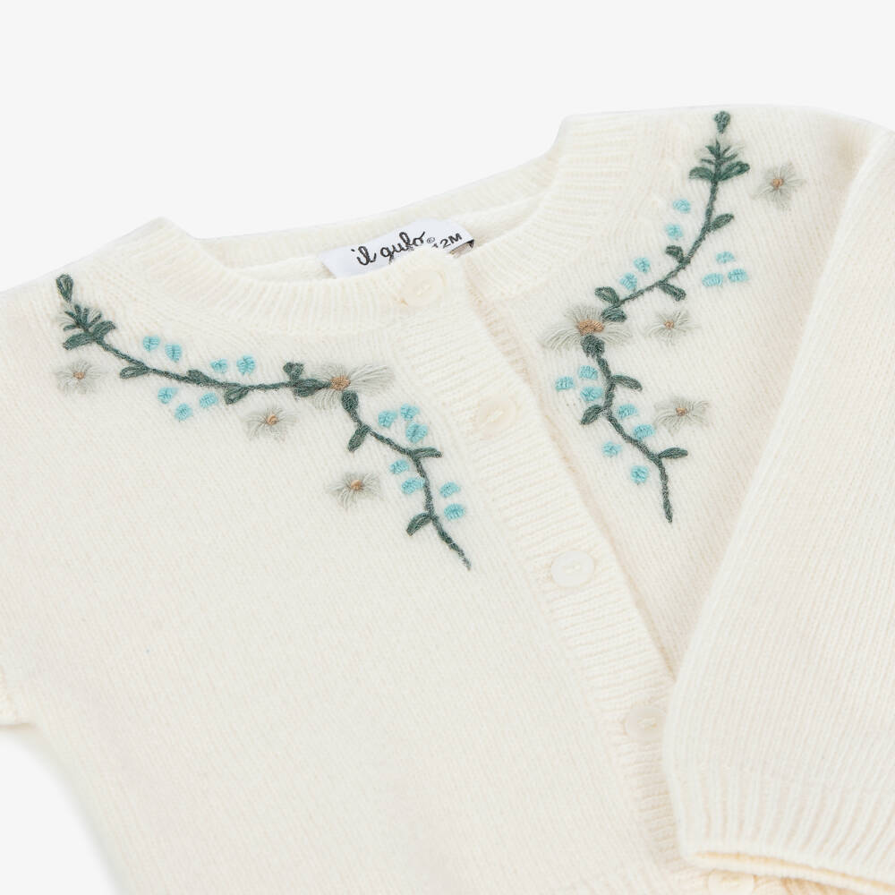 Il Gufo-كارديغان مطرز بورود صوف محبوك لون عاجي | Childrensalon Outlet