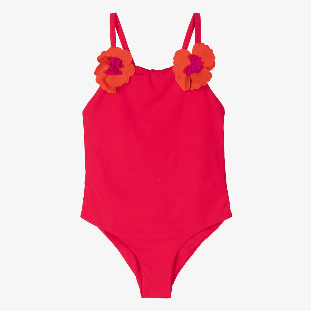 Il Gufo-Girls Dark Pink Flower Swimsuit  | Childrensalon Outlet