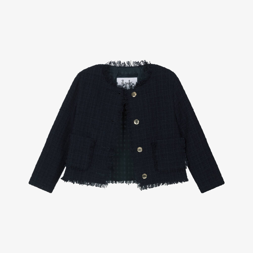 Il Gufo-Girls Elegant Blue Woven Jacket | Childrensalon Outlet