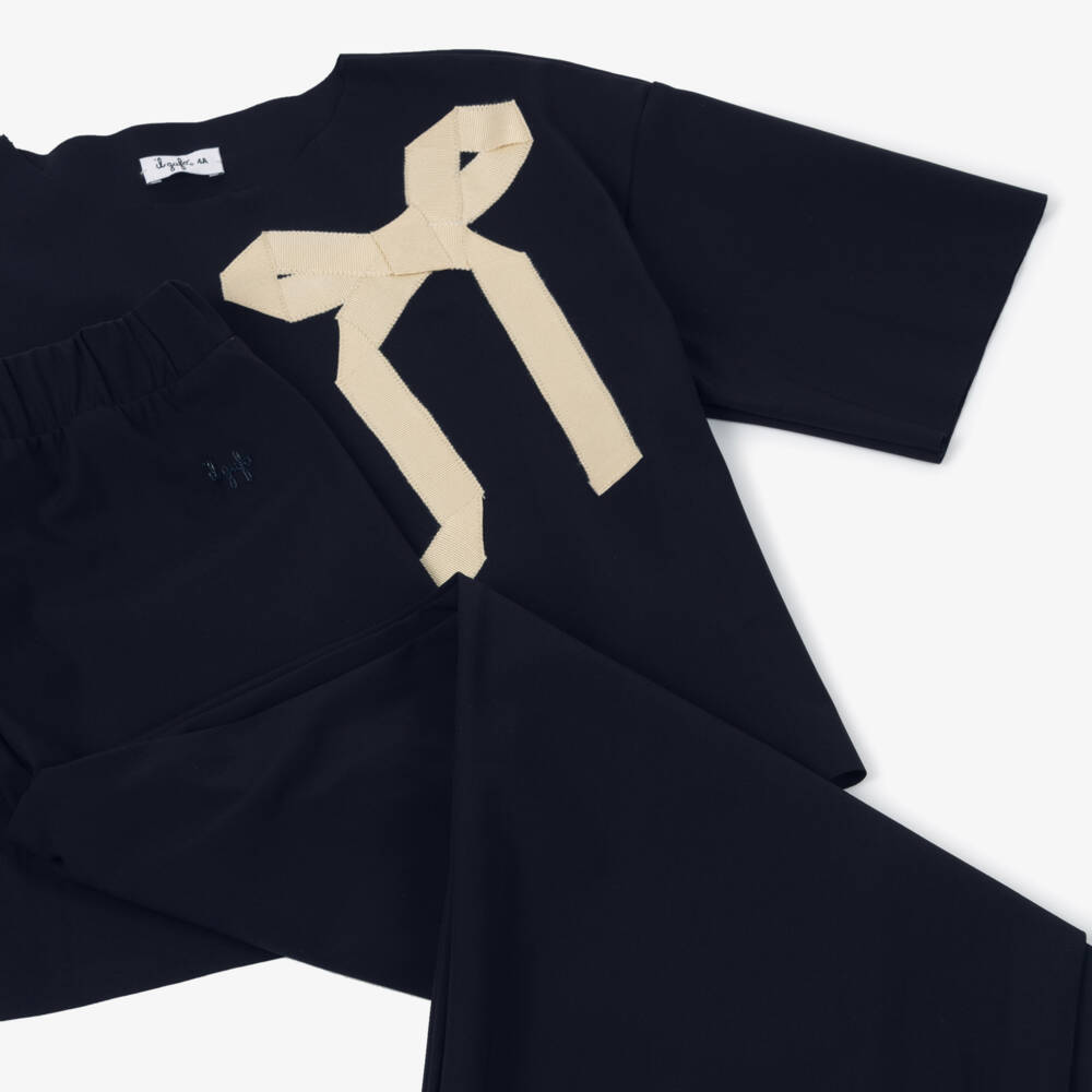 Il Gufo-Girls Elegant Navy & Ivory Bow Ensemble | Childrensalon Outlet