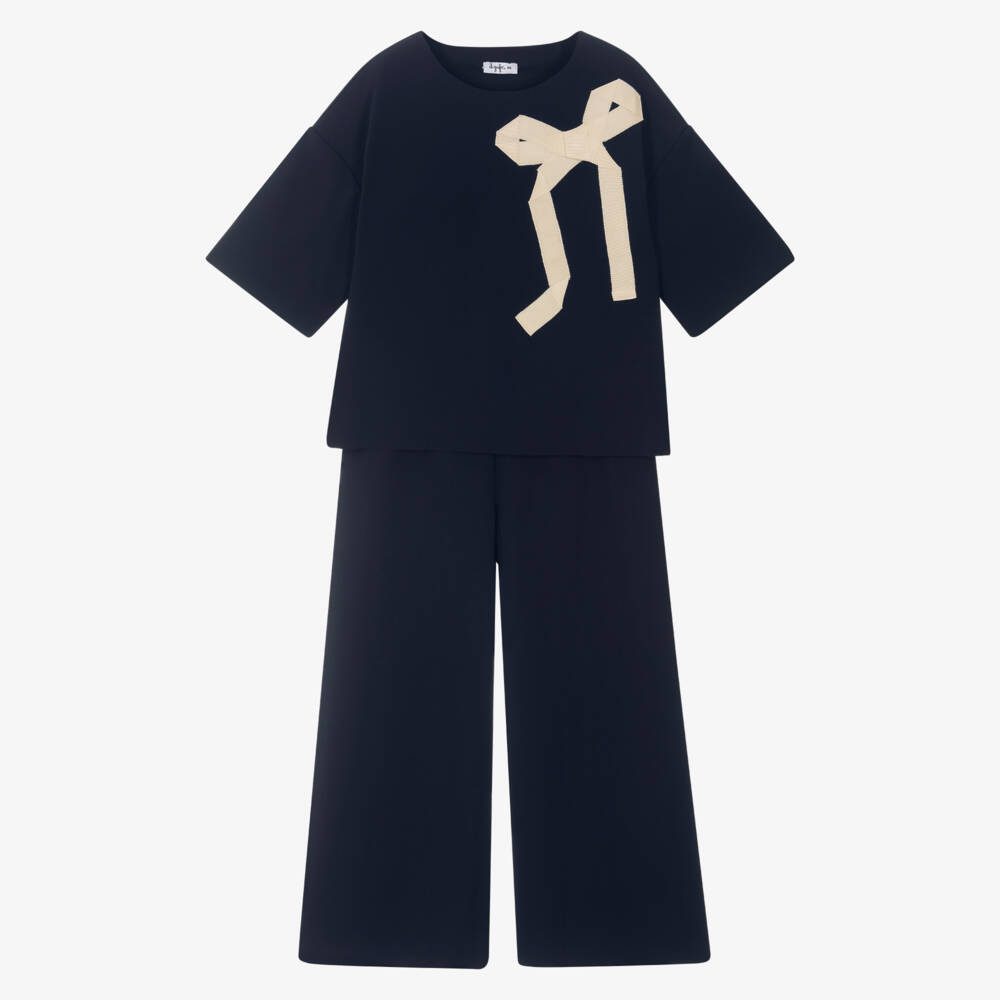 Il Gufo-Элегантный синий и кремовый комплект с бантом для девочек | Childrensalon Outlet