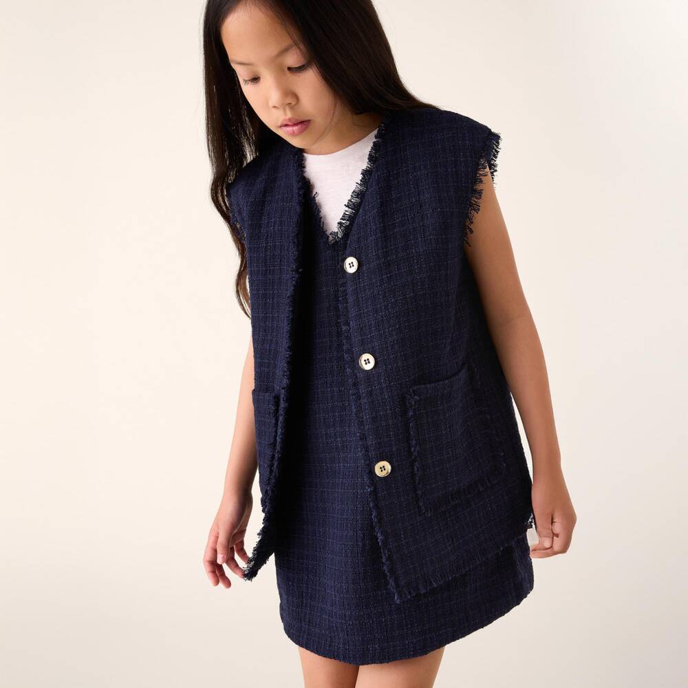Il Gufo-Girls Elegant Navy Tweed Vest | Childrensalon Outlet