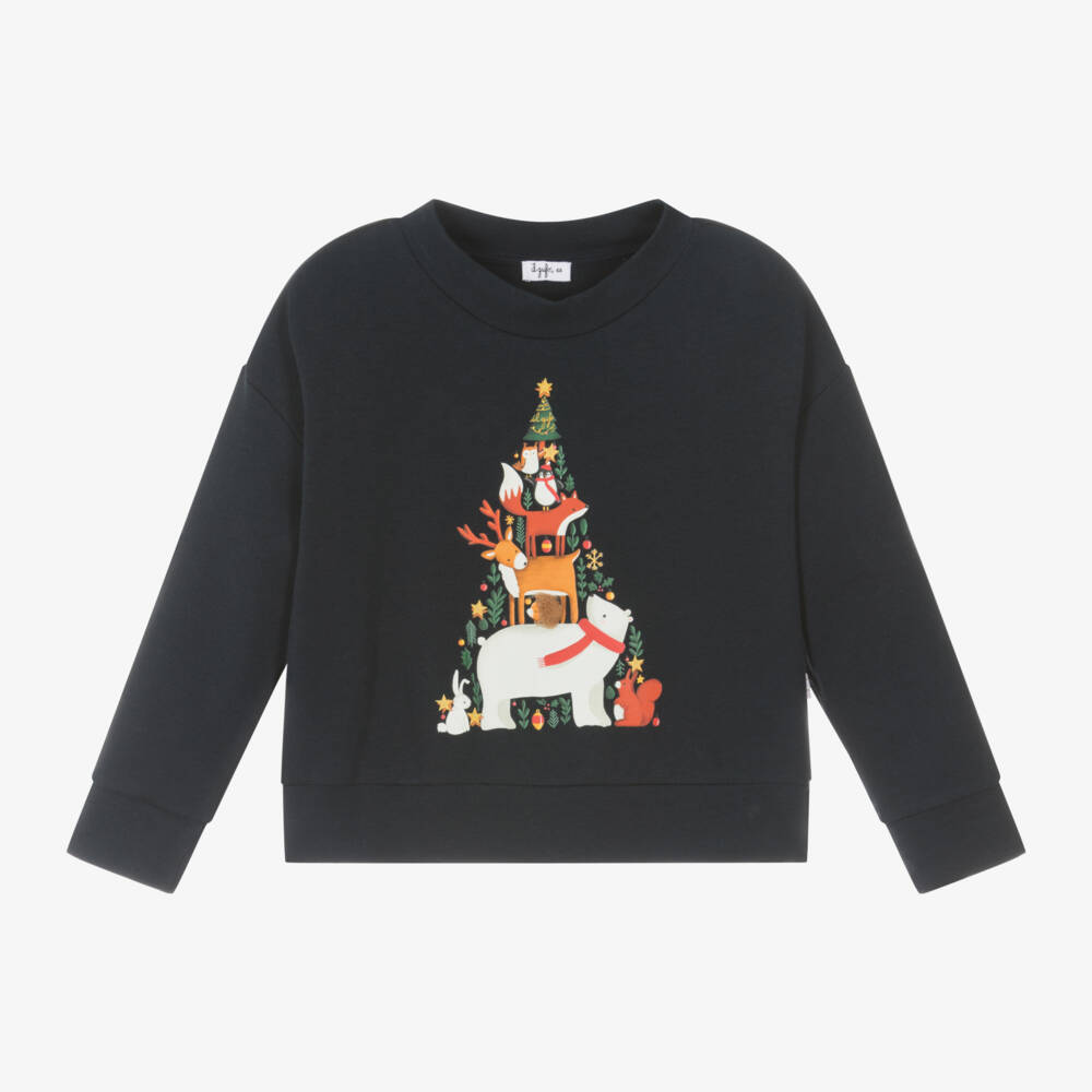 Il Gufo-Girls Festive Navy Cotton Sweatshirt | Childrensalon Outlet
