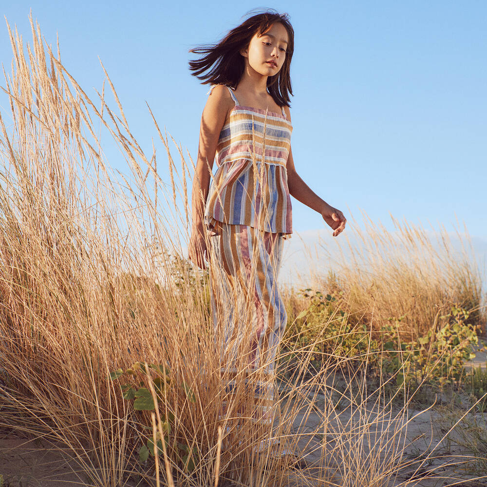 Il Gufo-Girls Gold & Pink Stripe Linen Culottes | Childrensalon Outlet