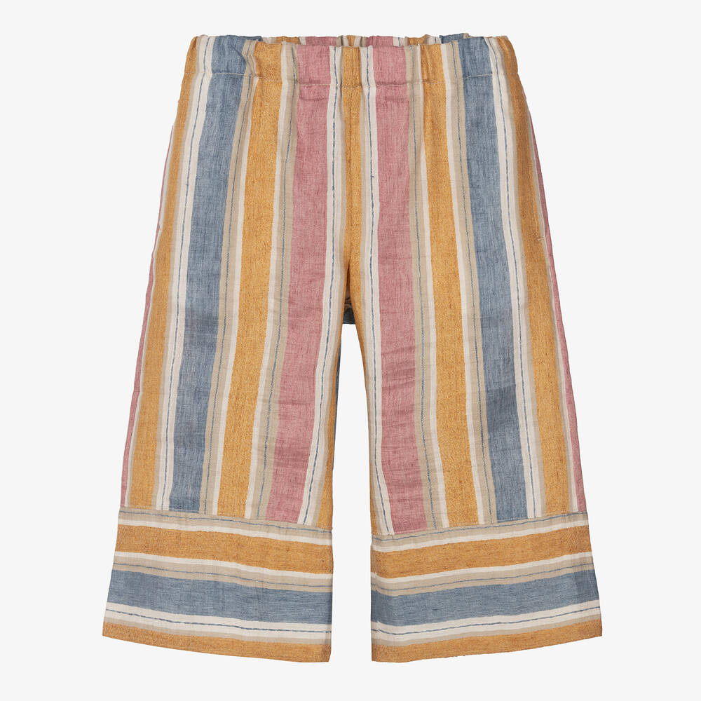 Il Gufo - Girls Gold & Pink Stripe Linen Culottes | Childrensalon