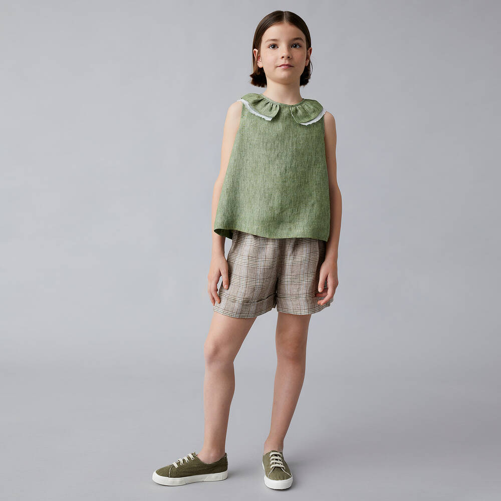 Il Gufo-بلوزة كتان لون أخضر مونس للبنات | Childrensalon Outlet