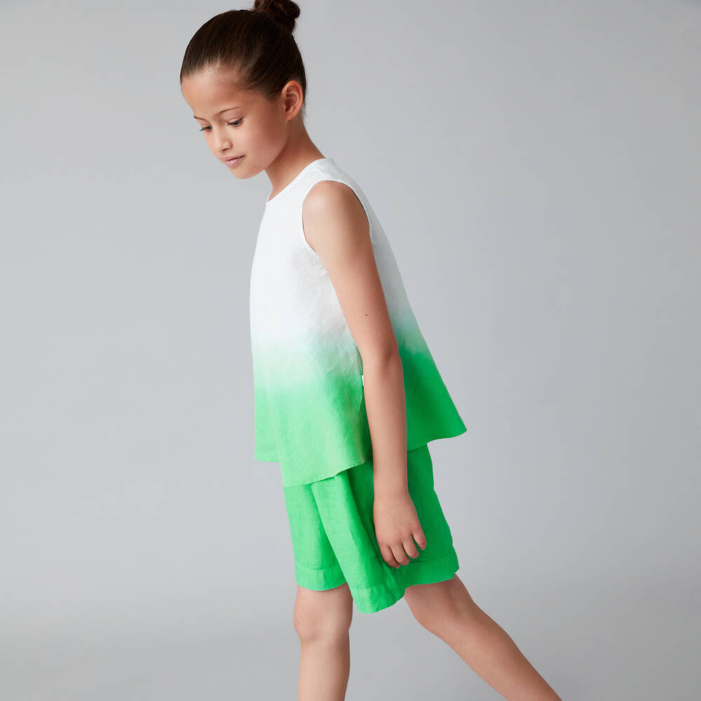 Il Gufo-Girls Green Linen Shorts Set | Childrensalon Outlet