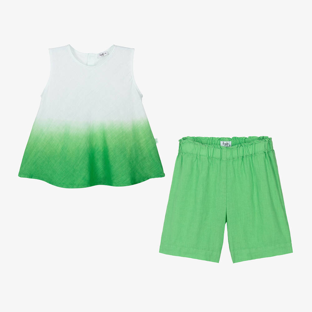 Il Gufo-Girls Green Linen Shorts Set | Childrensalon Outlet