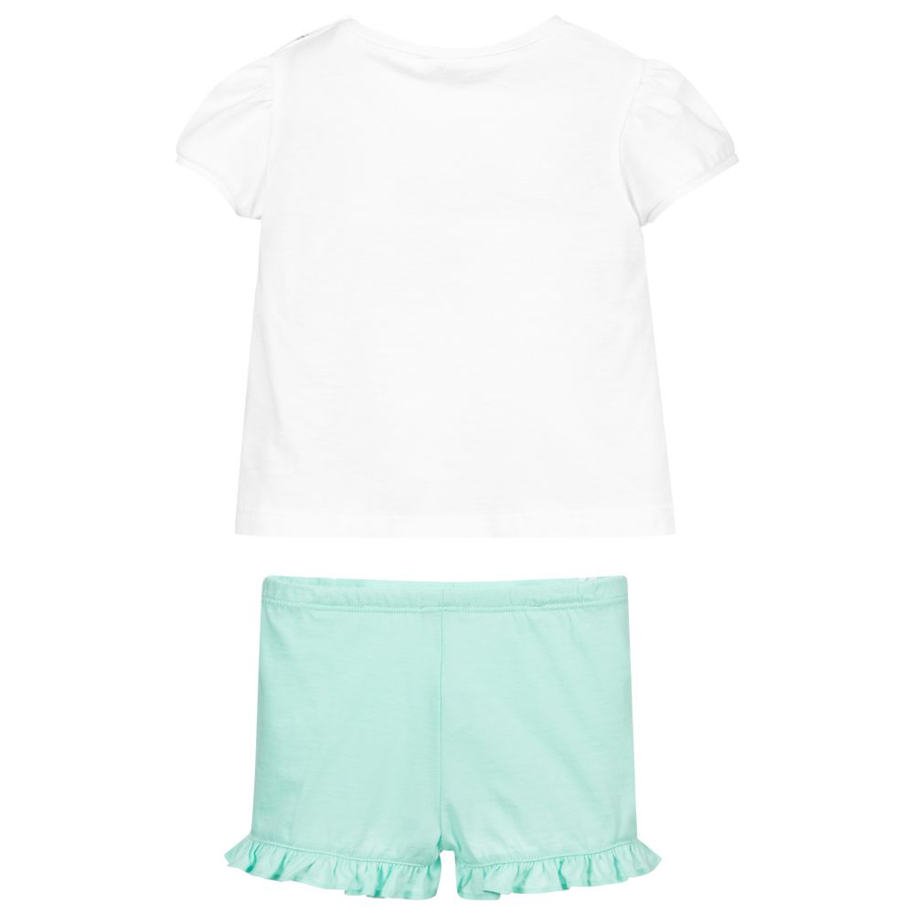 Il Gufo-شورت وتوب أطفال بناتي قطن لون أبيض وأخضر | Childrensalon Outlet