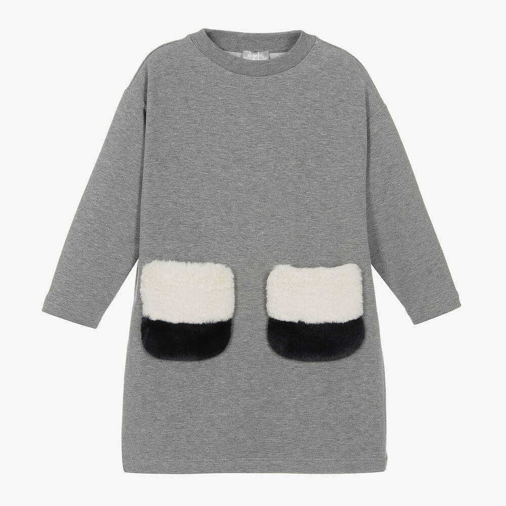 Il Gufo - Girls Grey Cotton Faux Fur Pockets Dress | Childrensalon