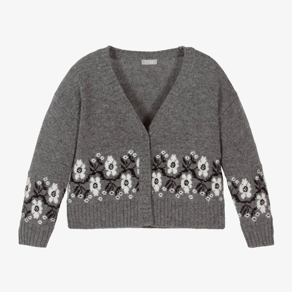 Il Gufo - Girls Grey Flower Wool Knit Cardigan | Childrensalon