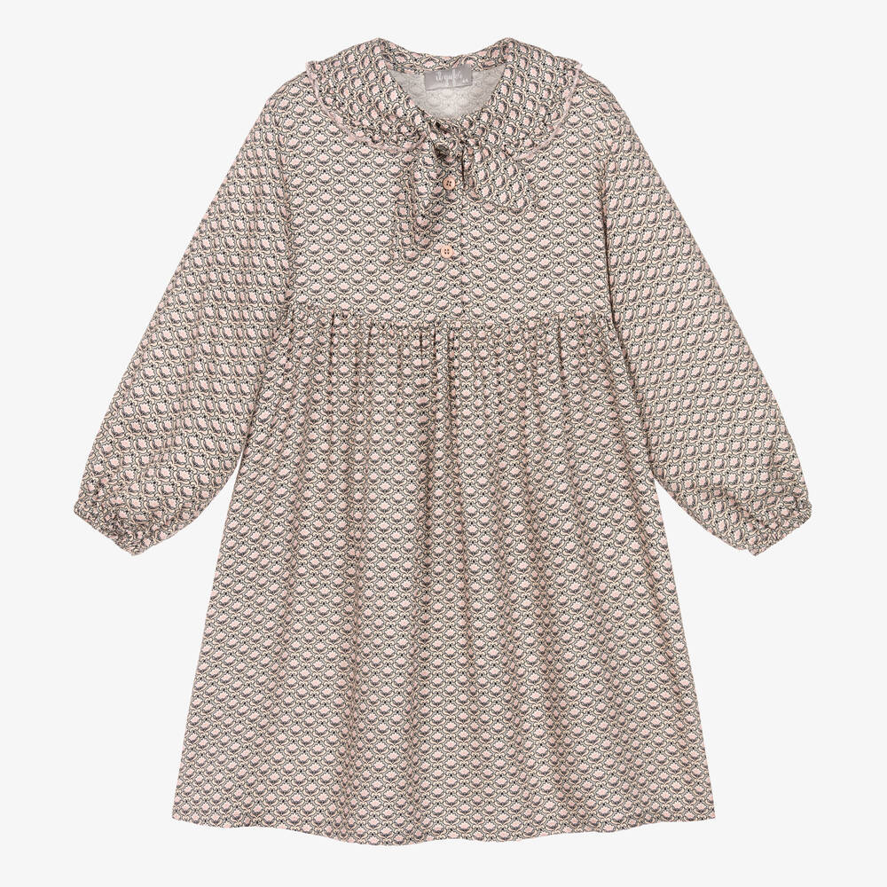 Il Gufo - Girls Grey & Pink Floral Twill Dress | Childrensalon