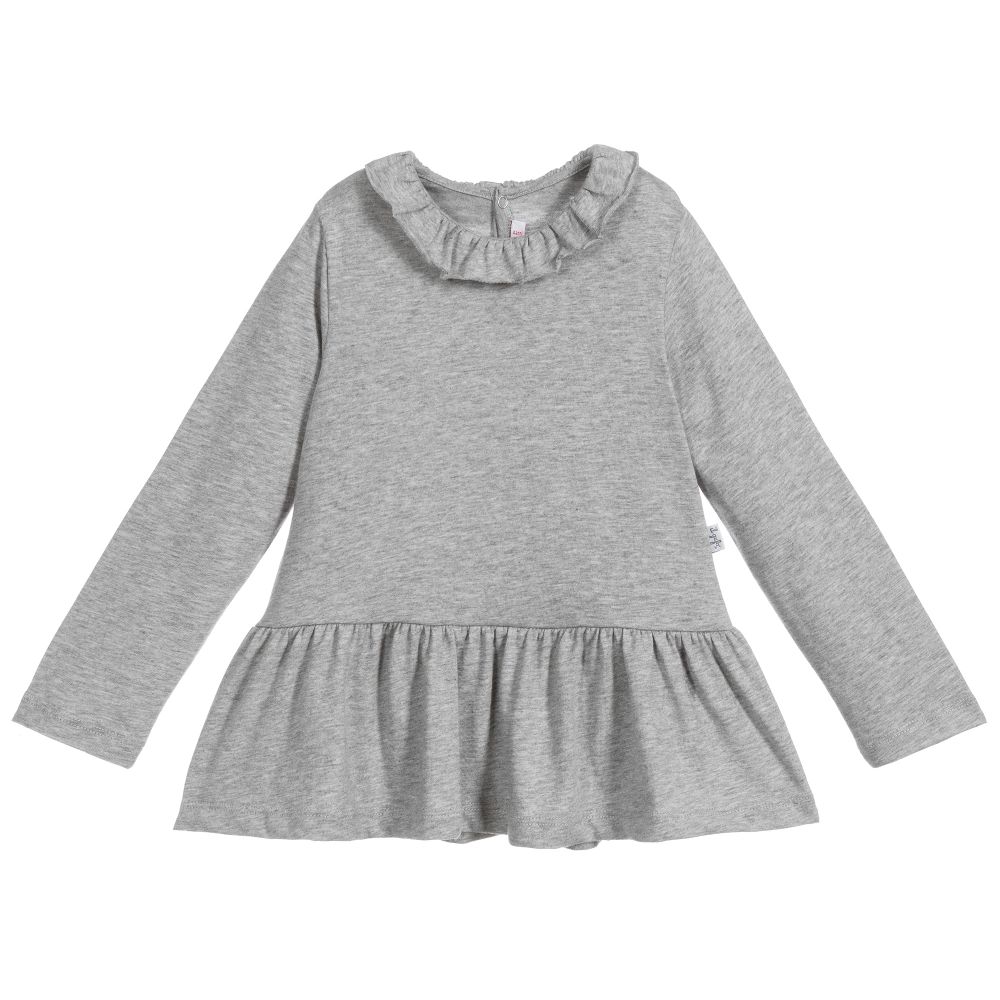 Il Gufo - Girls Grey Ruffle Cotton Top | Childrensalon