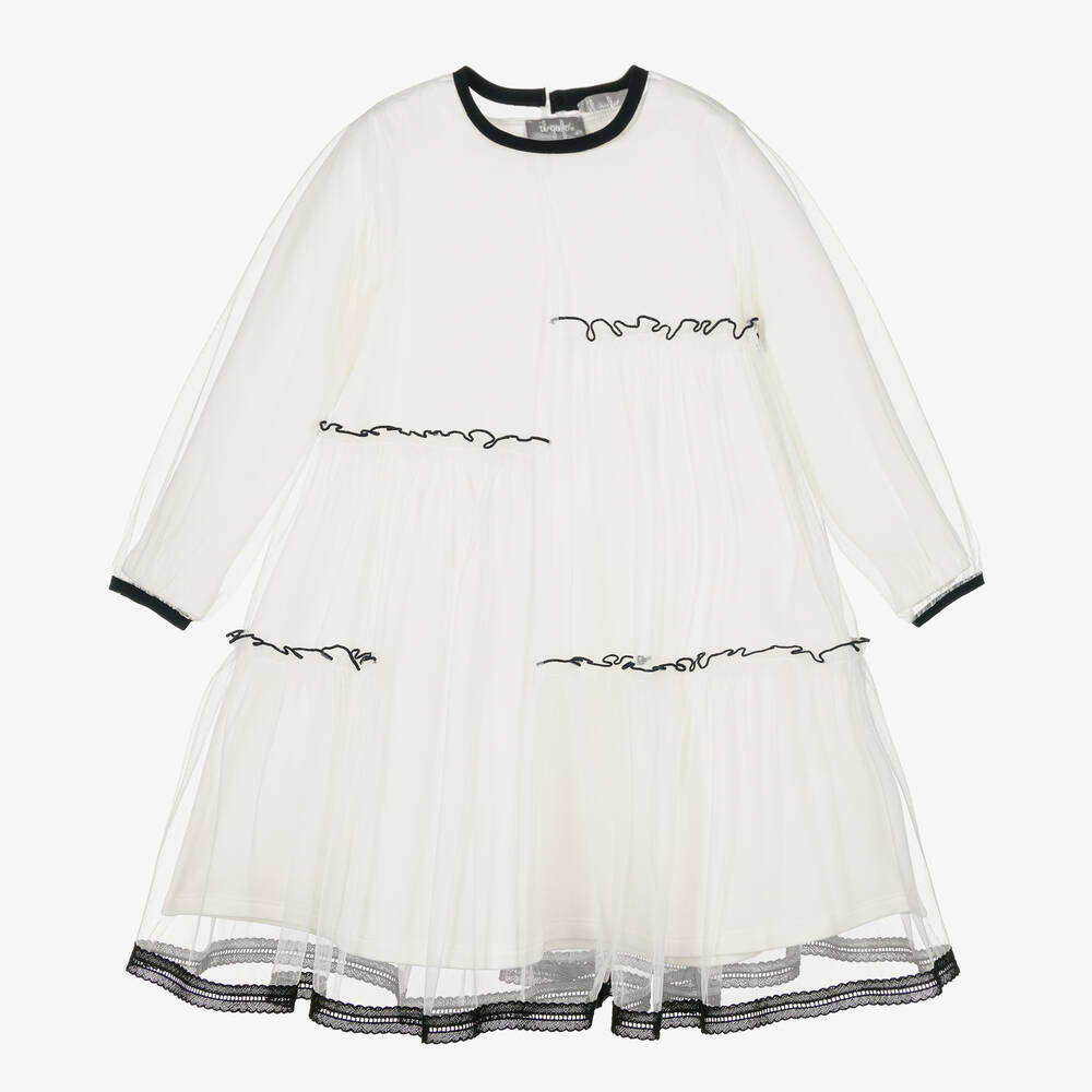 Il Gufo - Girls Ivory & Black Ruffled Tulle Dress | Childrensalon