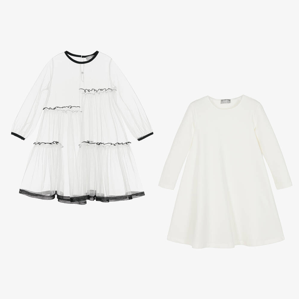 イタリア発! IL GUFO ★White アブストラクト柄 綿ドレス★2-10Y Il Gufo - Girls Ivory & Black Ruffled Tulle Dress