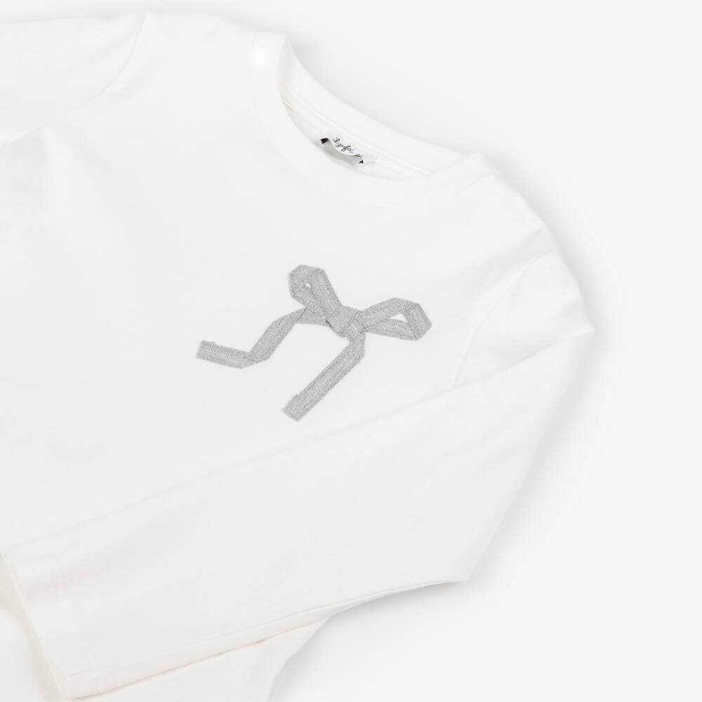 Il Gufo-Girls Ivory Cotton Long-Sleeved Top with Silver Ribbon Bow | Childrensalon Outlet
