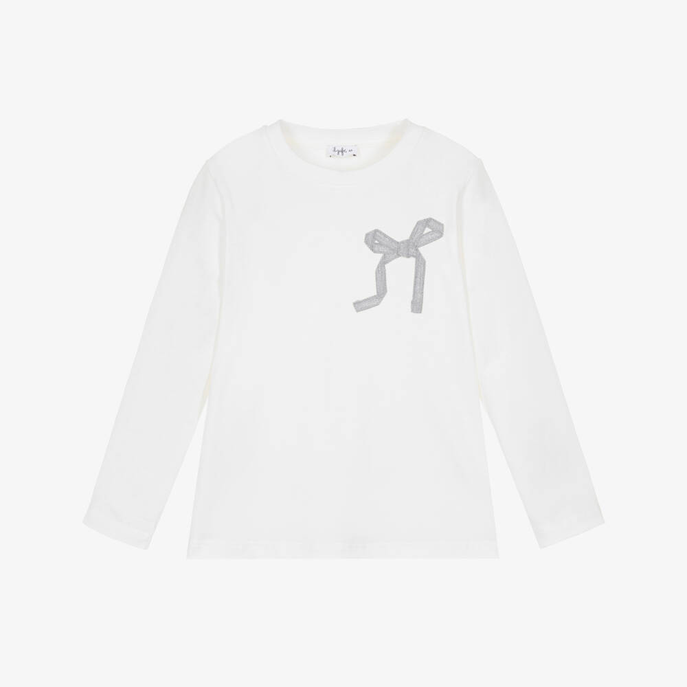 Il Gufo-Girls Ivory Cotton Long-Sleeved Top with Silver Ribbon Bow | Childrensalon Outlet