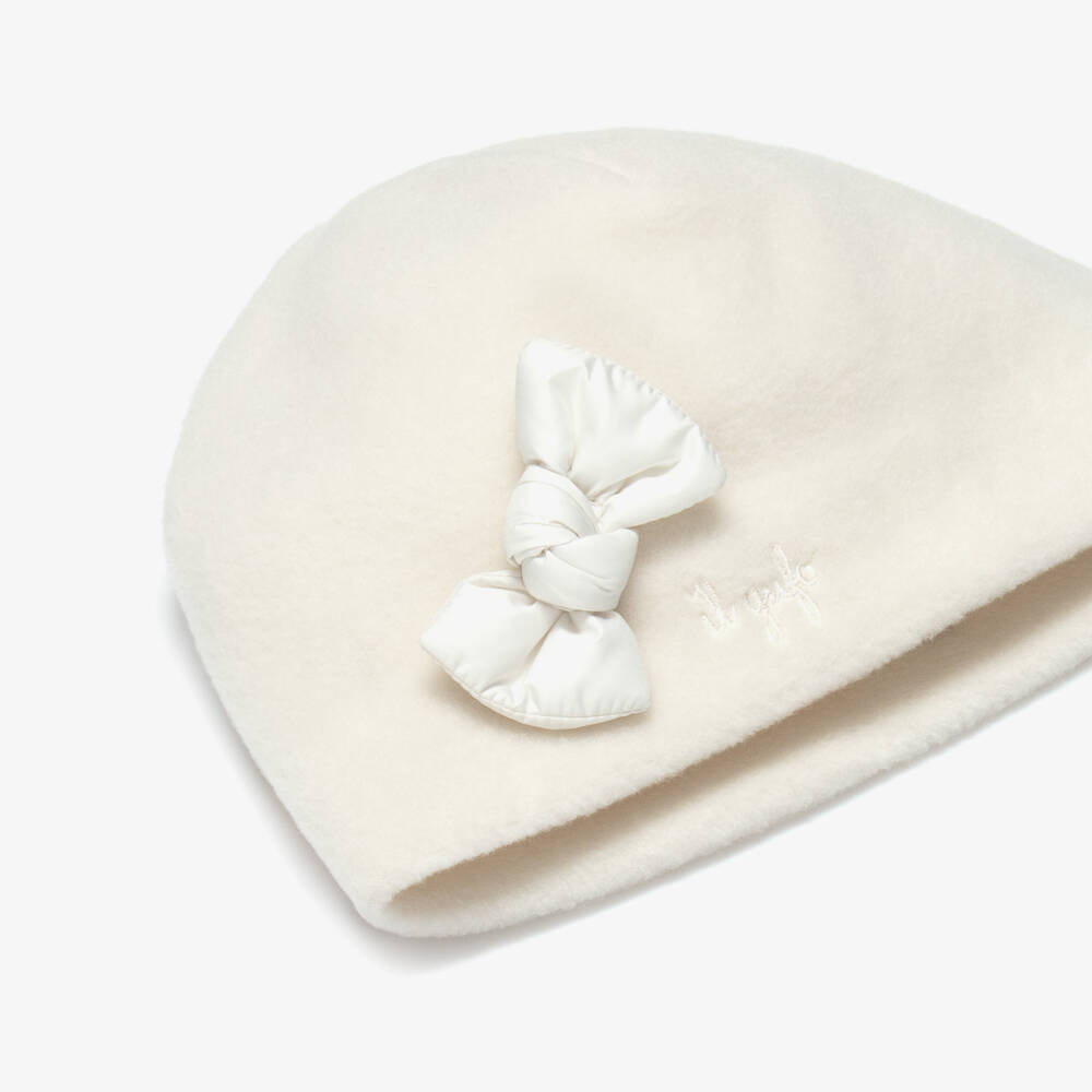 Il Gufo-Girls Ivory Fleece Hat with Bow | Childrensalon Outlet