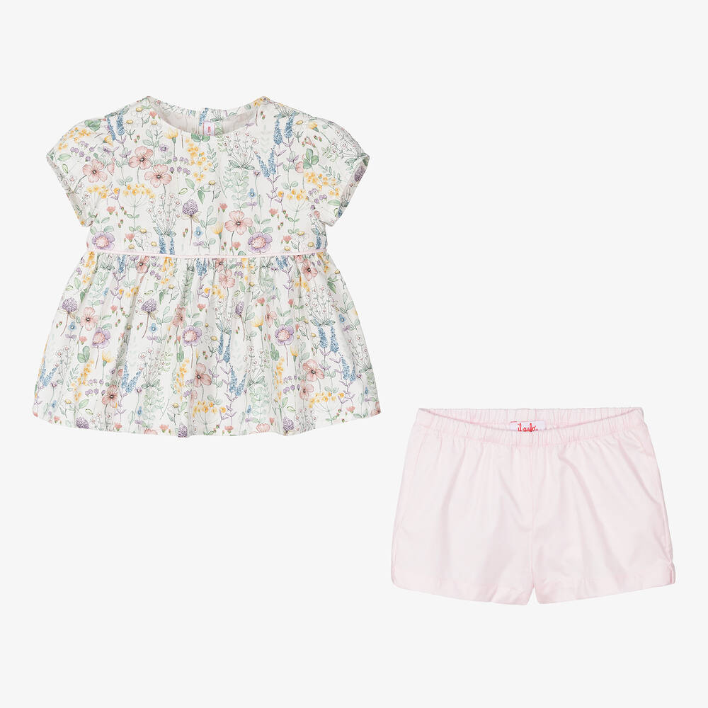 Il Gufo-Girls Ivory Floral Cotton Shorts Set | Childrensalon Outlet