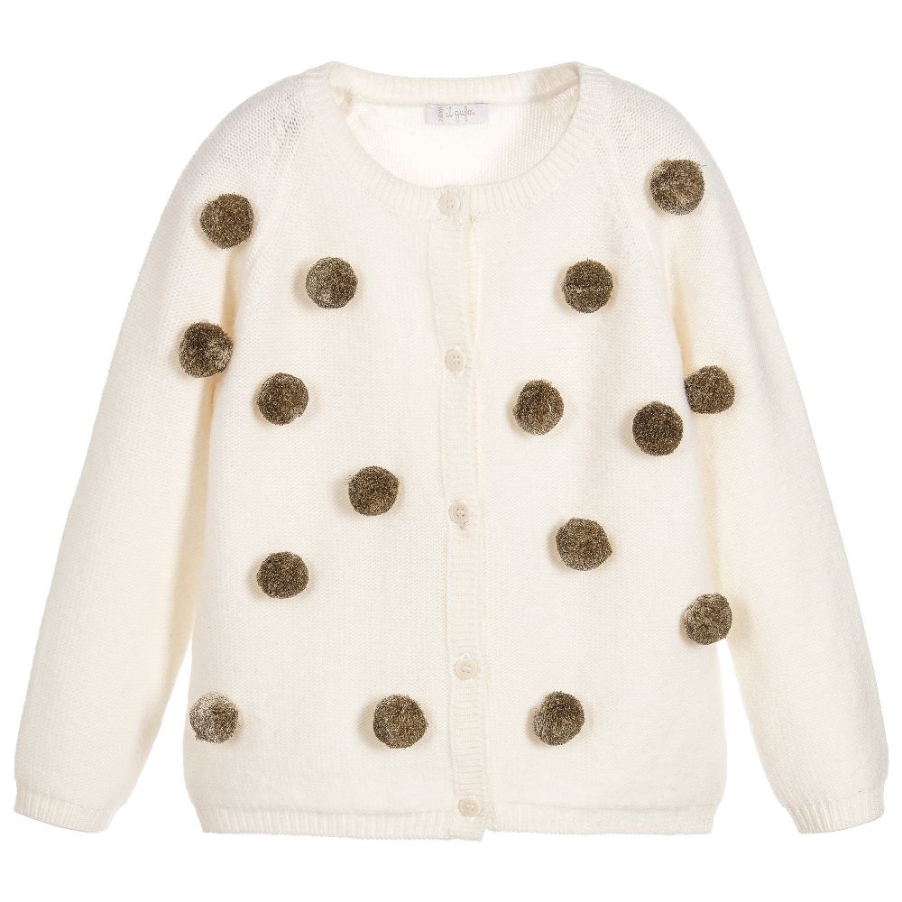 Il Gufo - Girls Ivory & Gold Pom-Pom Cardigan | Childrensalon