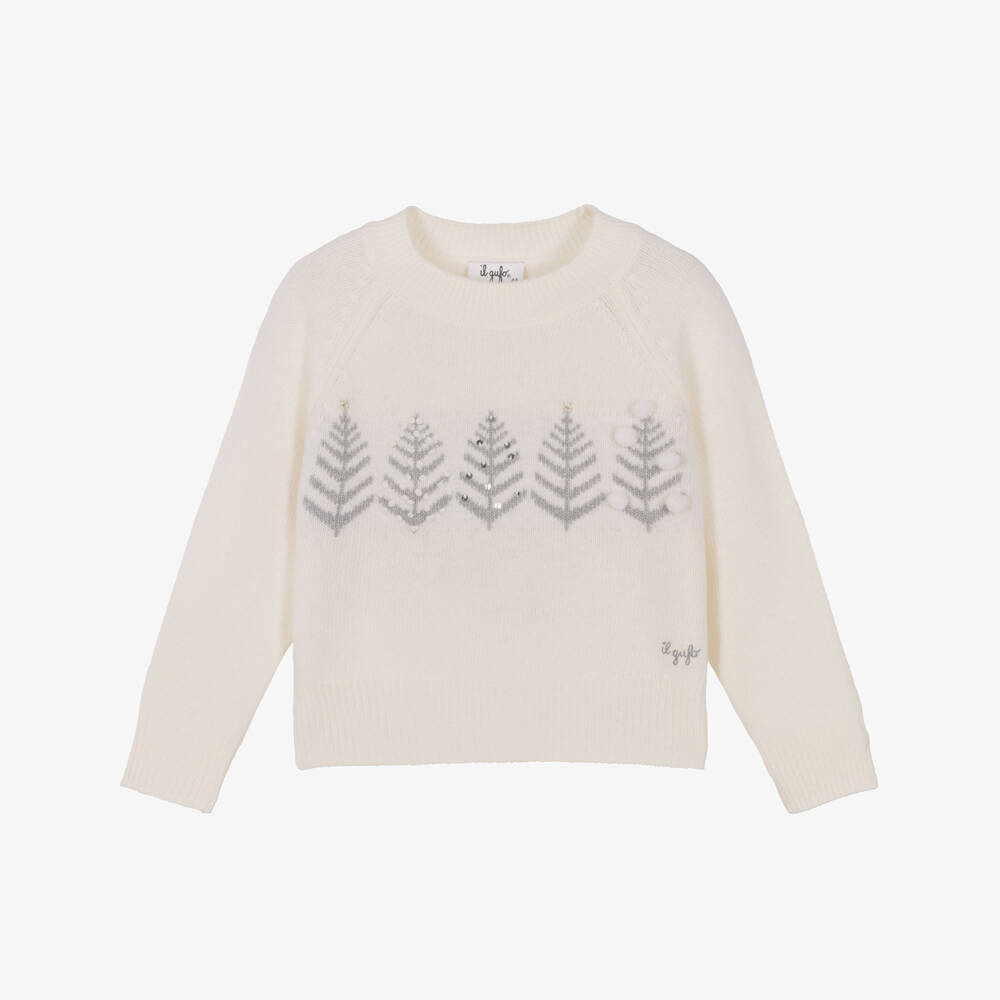 Il Gufo-Girls Ivory Wool Knit Sweater with Silver Christmas Trees | Childrensalon Outlet