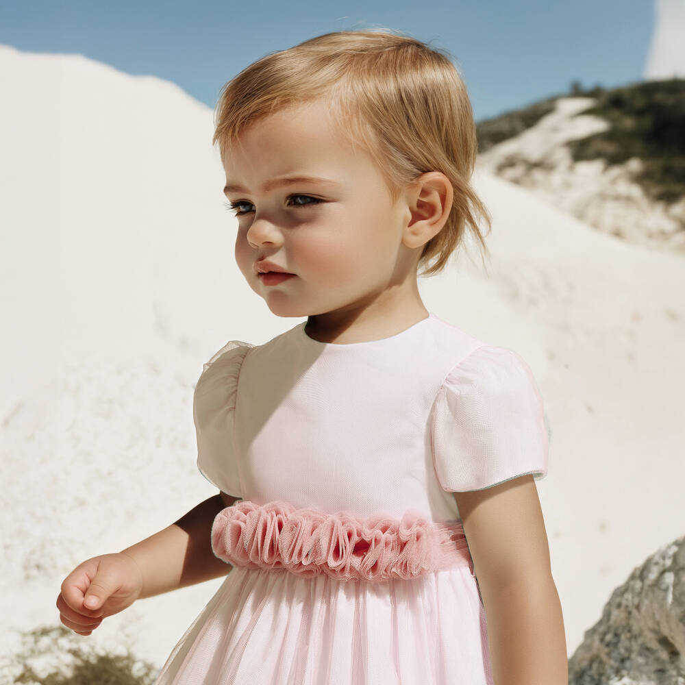 Il Gufo-Girls Long Pink Tulle Dress with Floral Belt | Childrensalon Outlet
