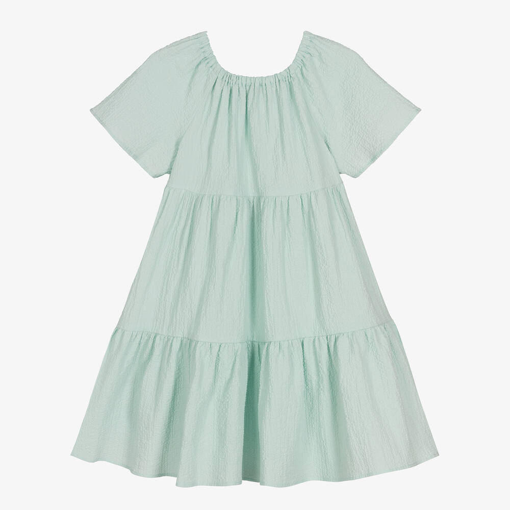 Il Gufo-Girls Mint Green Cotton Seersucker Dress | Childrensalon Outlet