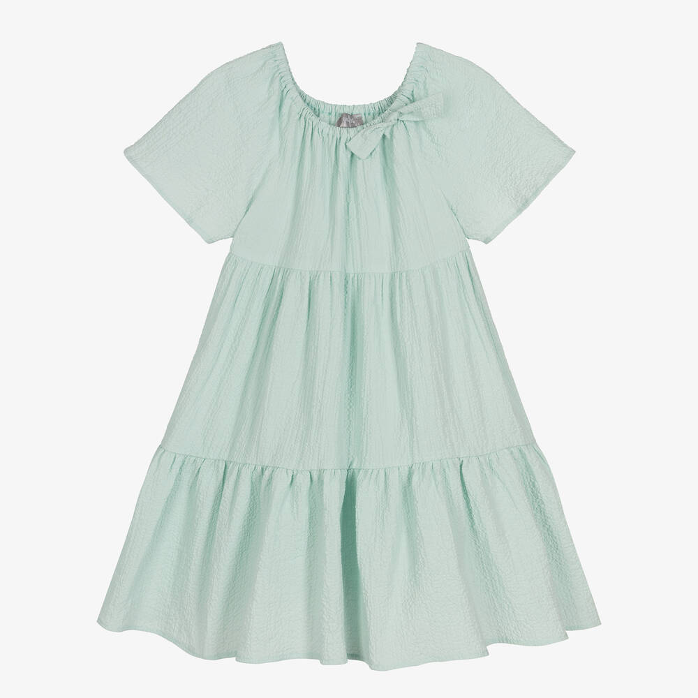 Il Gufo - Girls Mint Green Cotton Seersucker Dress | Childrensalon