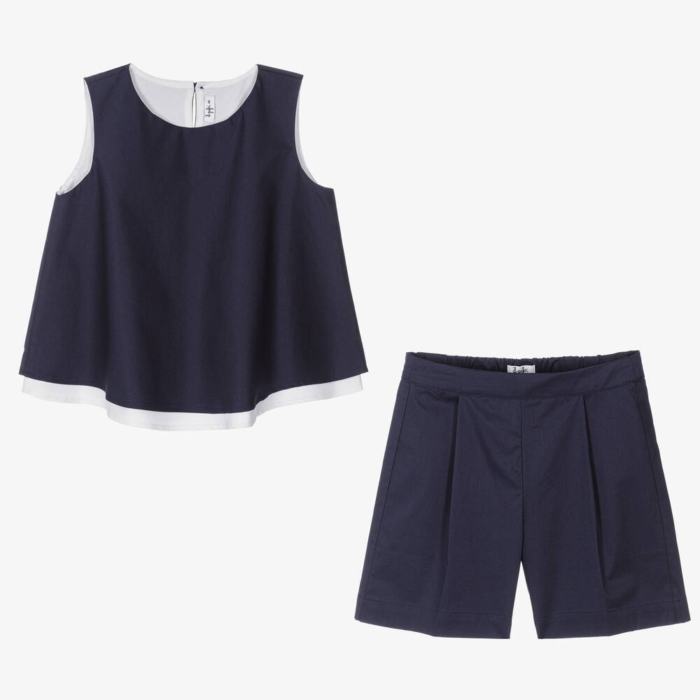 Il Gufo-طقم شورت قطن بوبلين لون كحلي للبنات | Childrensalon Outlet