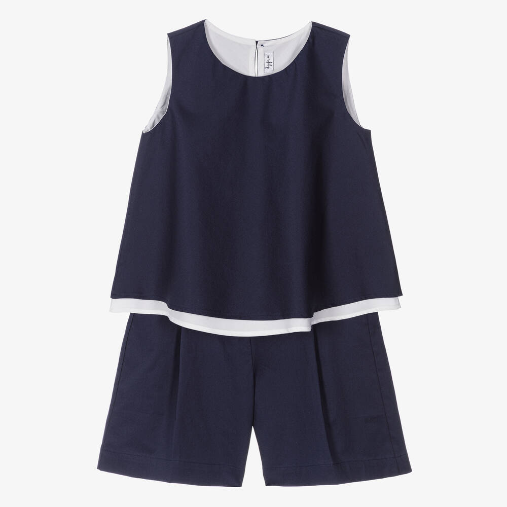 Il Gufo-Girls Navy Blue Cotton Poplin Shorts Set  | Childrensalon Outlet