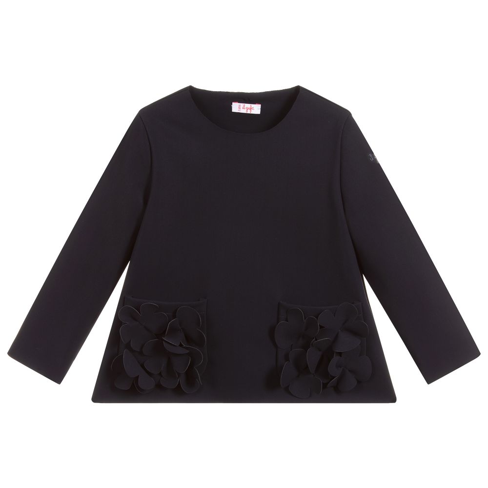 Il Gufo - Girls Navy Blue Flower Top | Childrensalon