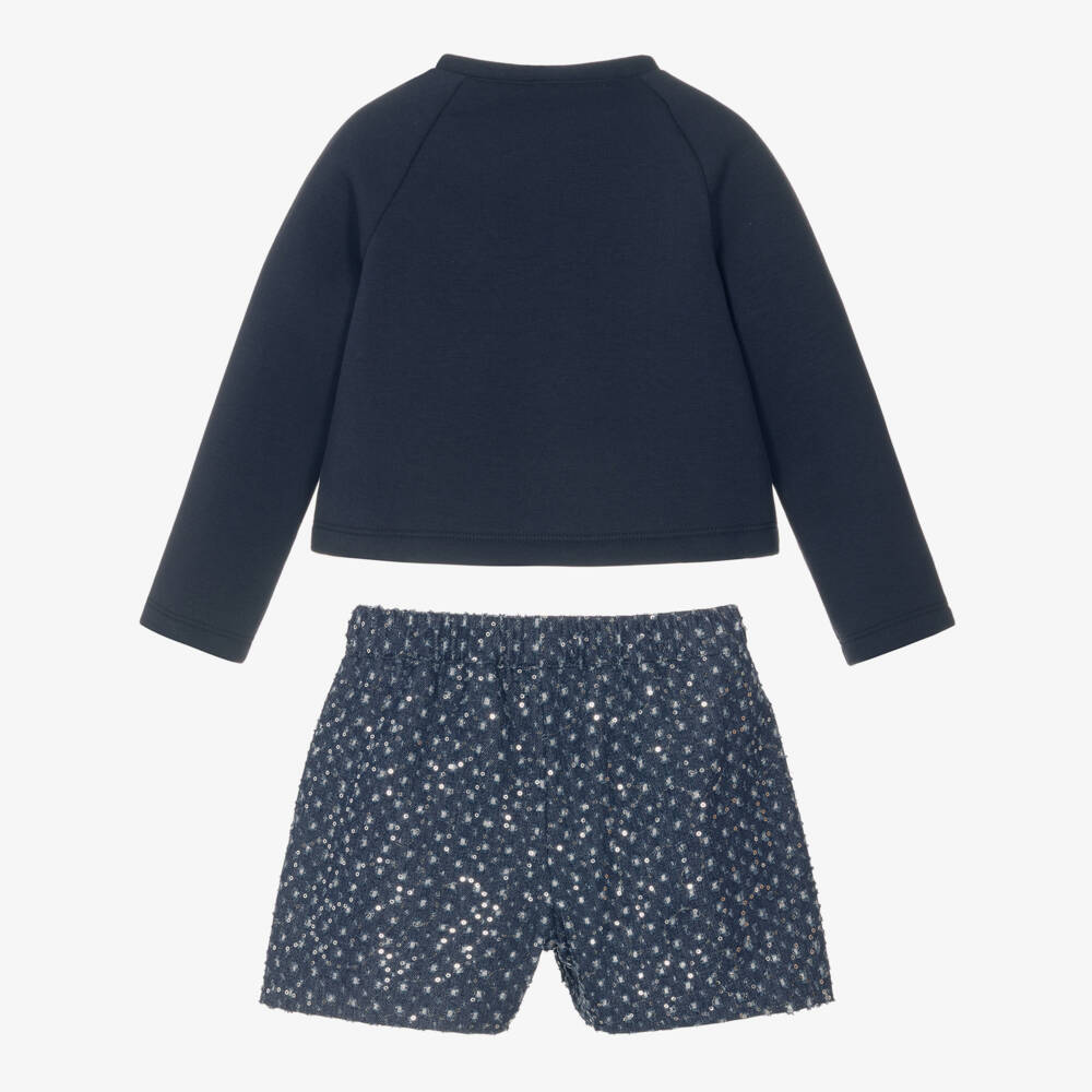 Il Gufo-Girls Navy Blue Glittery Sequin Cotton Shorts Set | Childrensalon Outlet