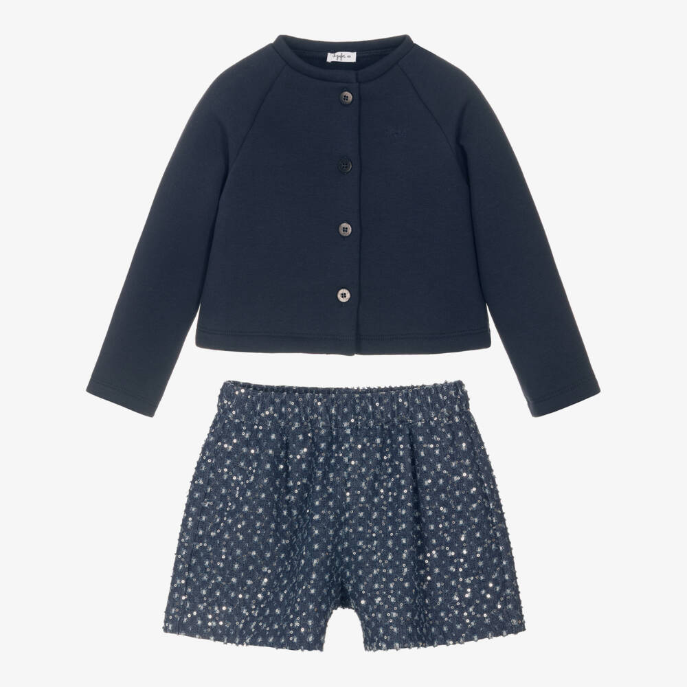 Il Gufo-Girls Navy Blue Glittery Sequin Cotton Shorts Set | Childrensalon Outlet