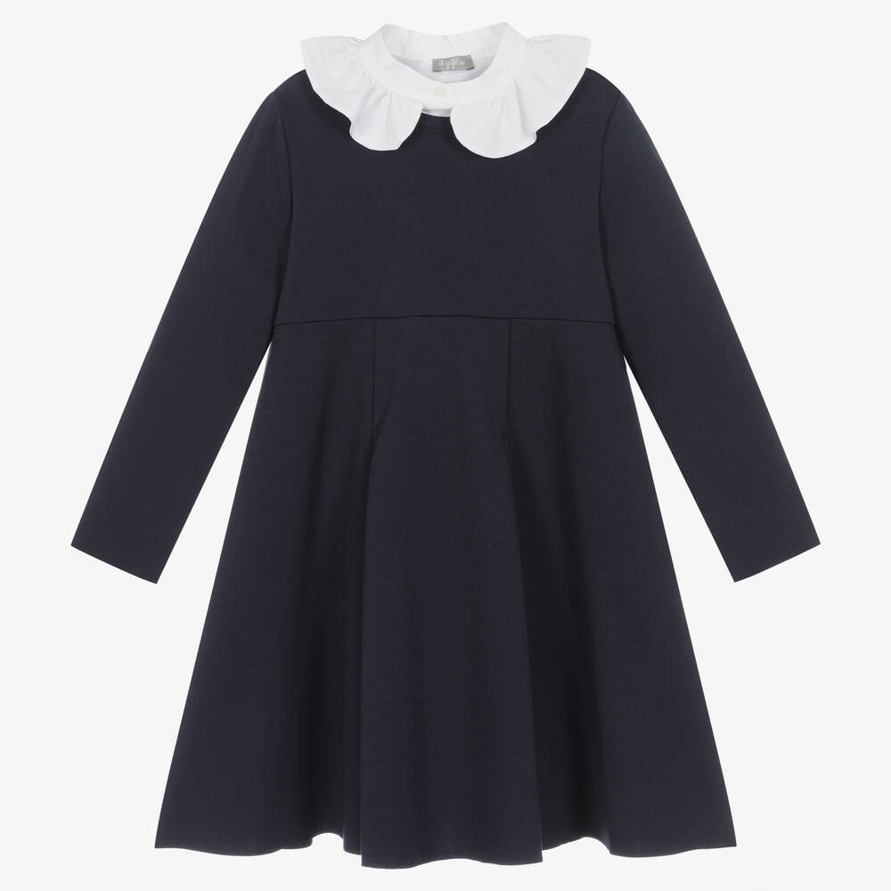 Il Gufo - Girls Navy Blue Ruffle Collar Dress | Childrensalon