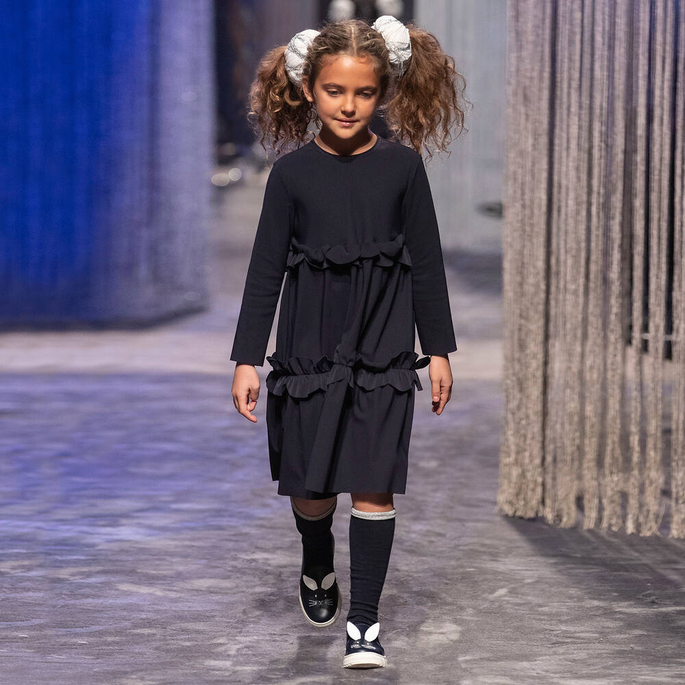 Il Gufo-Girls Navy Blue Ruffle Dress | Childrensalon Outlet