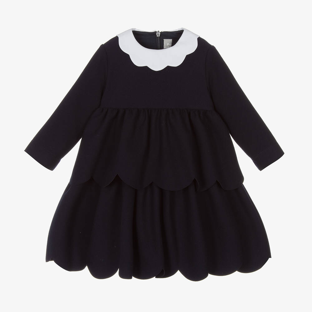 Il Gufo - Girls Navy Blue Tiered Scallop Hem Dress | Childrensalon