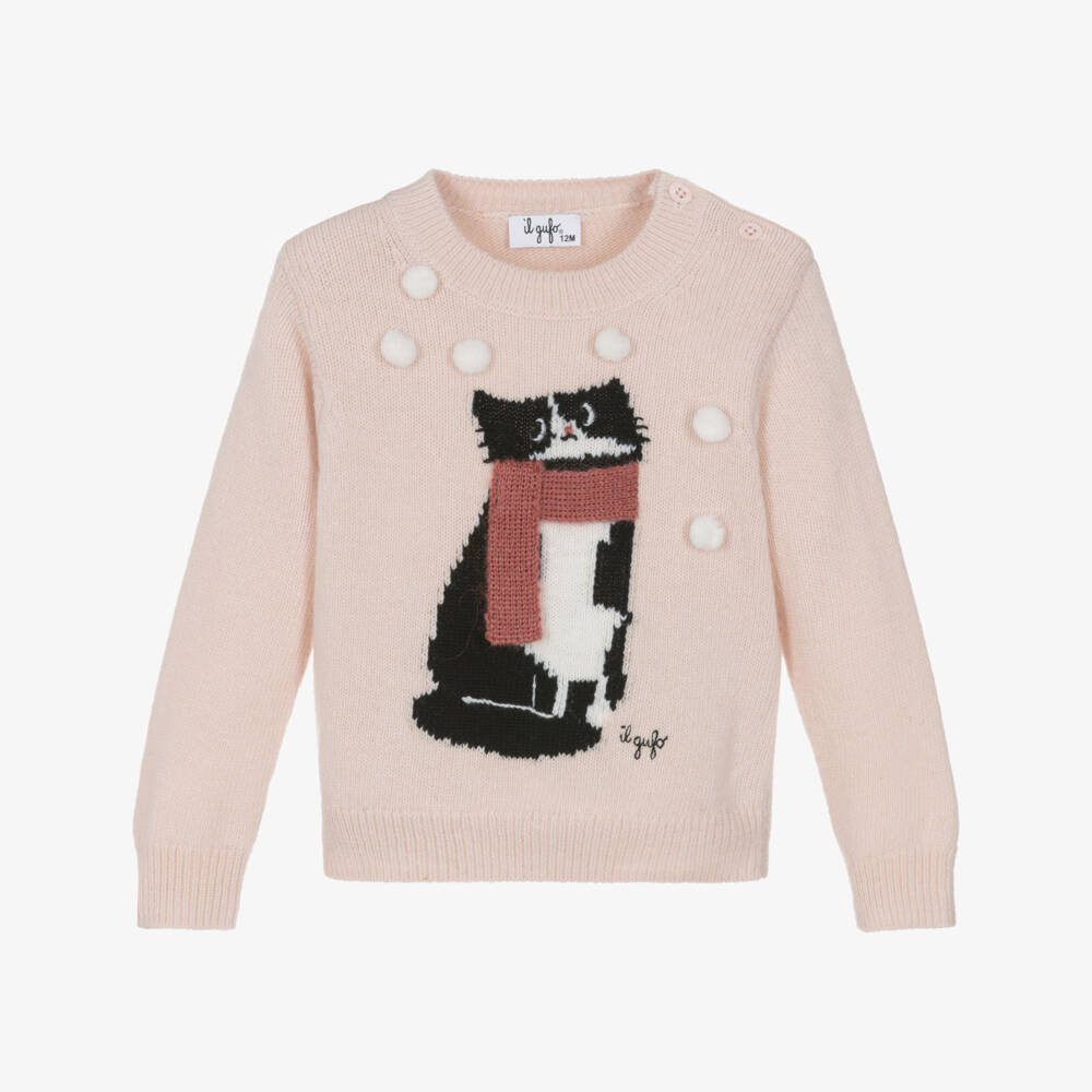 Il Gufo-Girls Pale Pink Wool Cat Sweater | Childrensalon Outlet