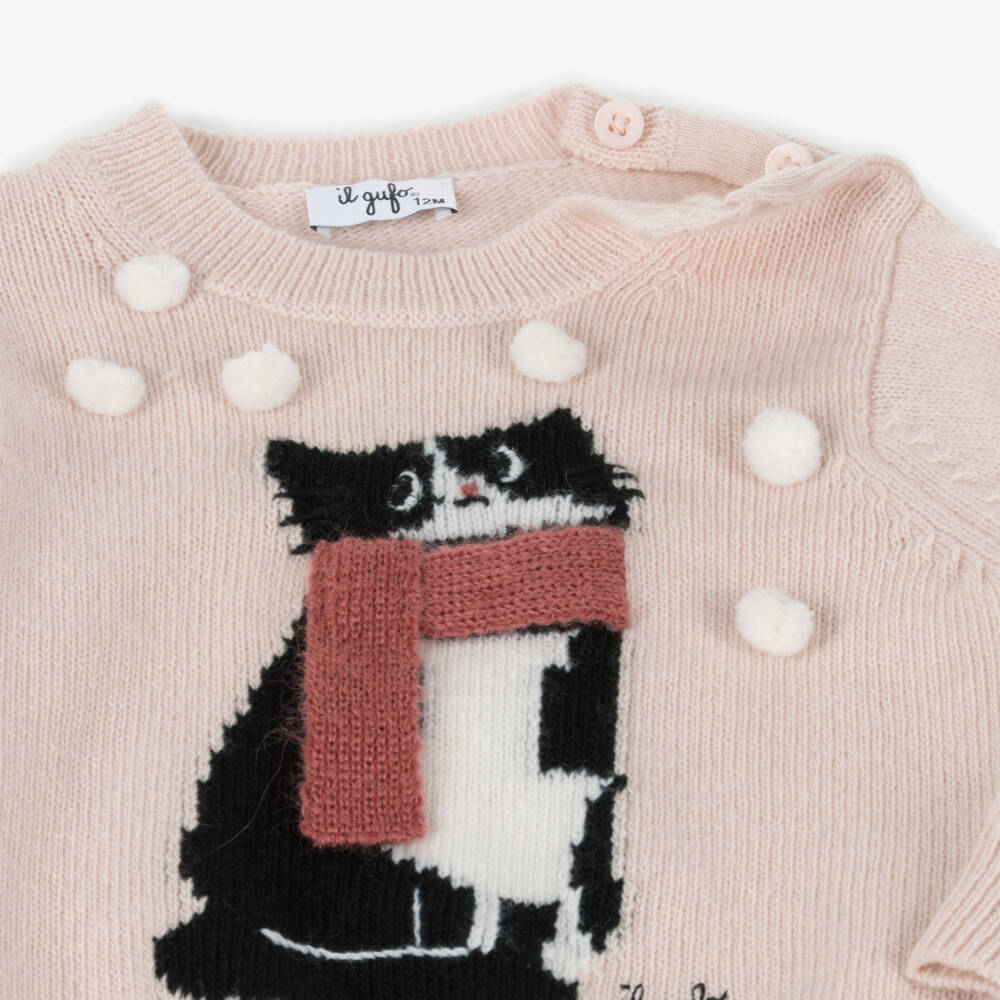 Il Gufo-Girls Pale Pink Wool Cat Sweater | Childrensalon Outlet