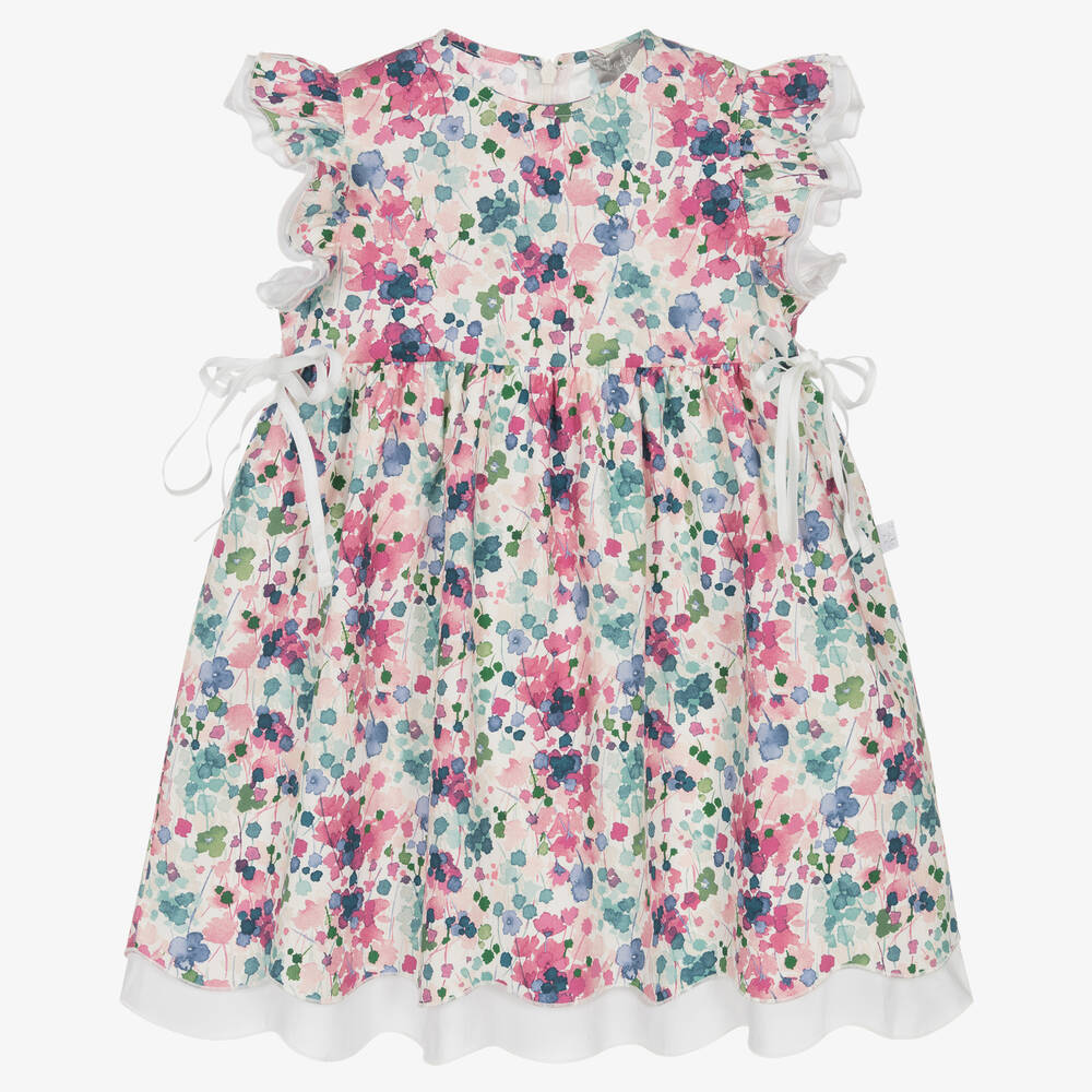 Il Gufo - Girls Pink & Blue Floral Cotton Dress | Childrensalon