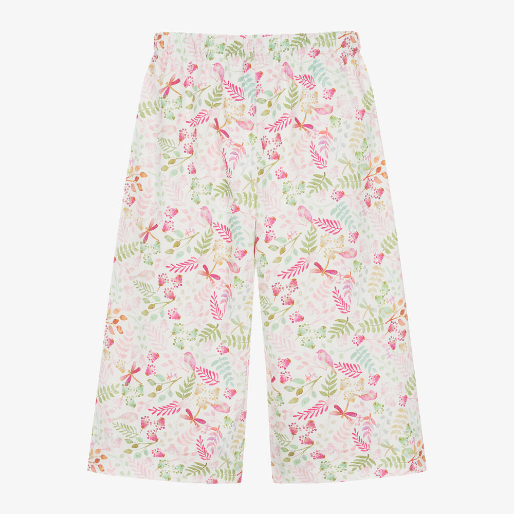 Il Gufo-بنطلون بأرجل واسعة قطن لون أبيض بطبعة ورود | Childrensalon Outlet