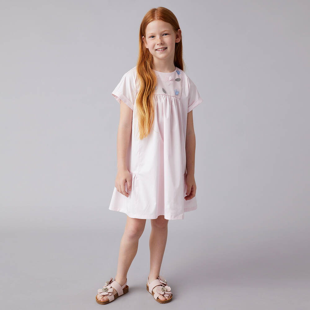Il Gufo-Girls Pink Floral Cotton Poplin Dress | Childrensalon Outlet