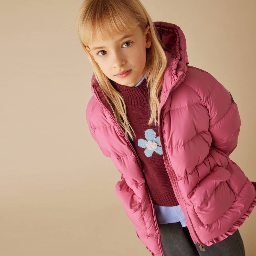 Il Gufo-Girls Pink Frilled Hooded Coat | Childrensalon Outlet